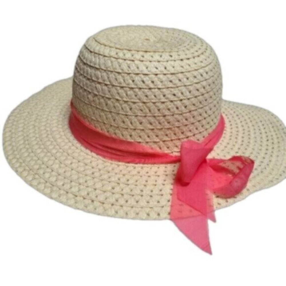 Beige Tan Sand Pink Scarf Beach Hat Wide Rim Sun Hat Vacation Holiday Straw Hat